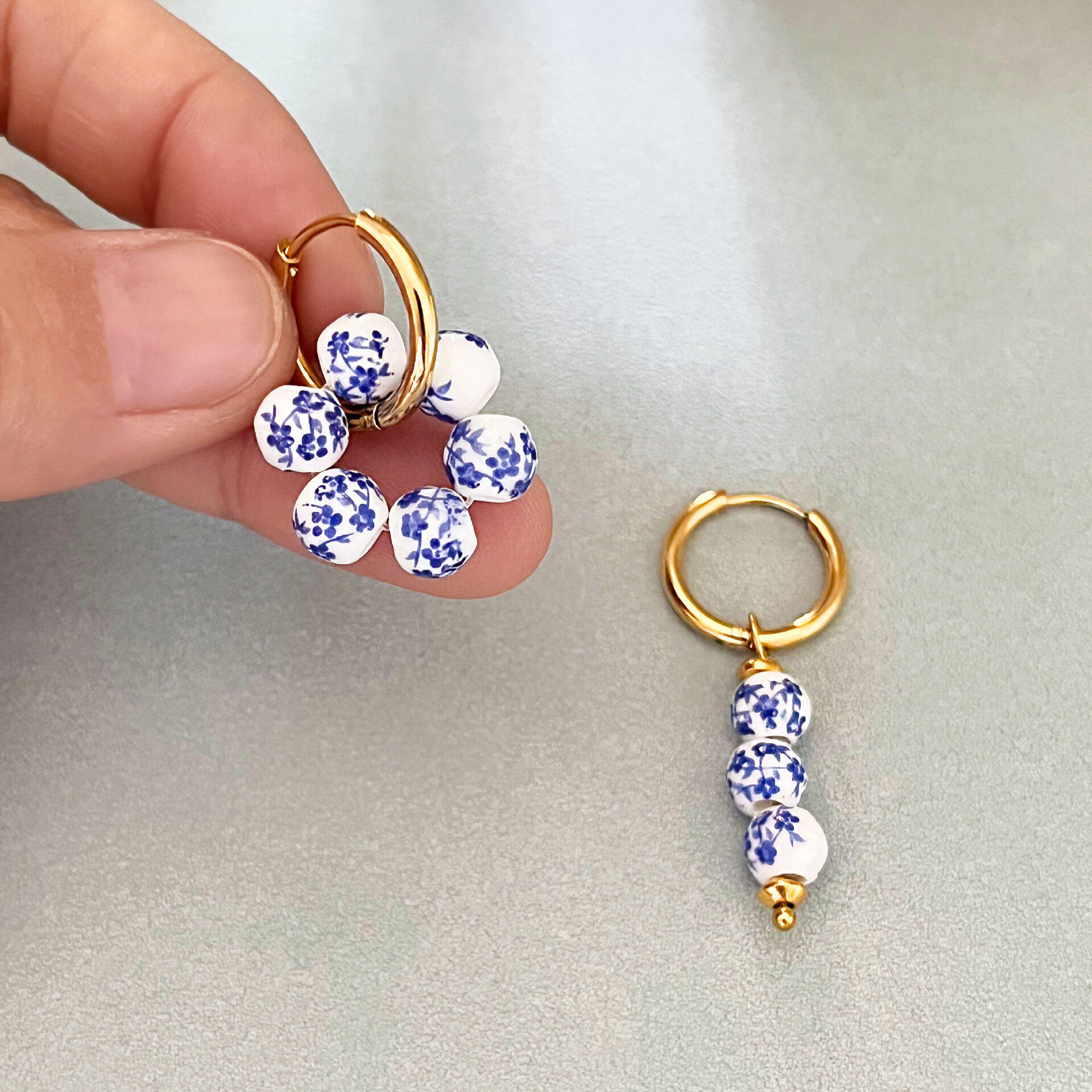 Boucles d'oreilles pendantes pour femme, style rétro, en céramique, acier inoxydable, couleur or, étanches. Image3