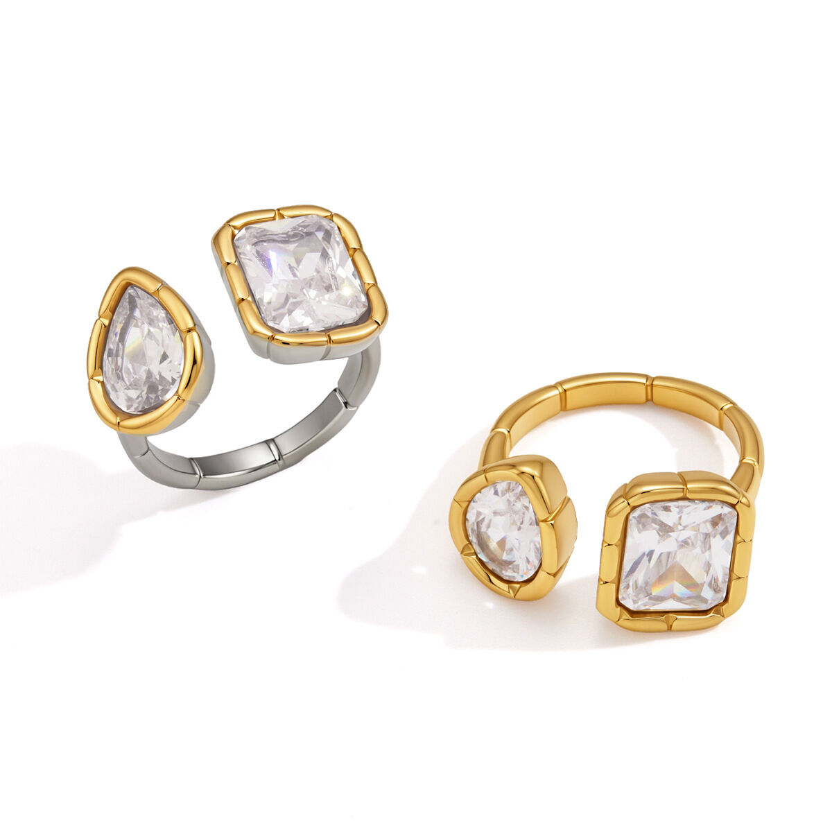 Luxe serie eenvoudige geometrische vormen, roestvrij staal, waterdicht, goudkleurige zirkonia, damesringen met edelsteen Afbeelding5