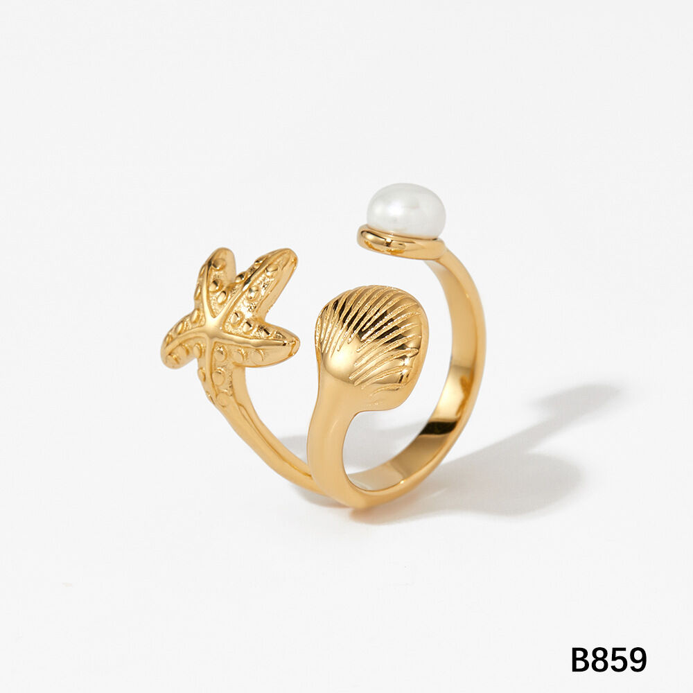 Vakantie Oceanische Stijl Roestvrijstalen Waterdichte Gouden Statement Ringen met Kunstparel