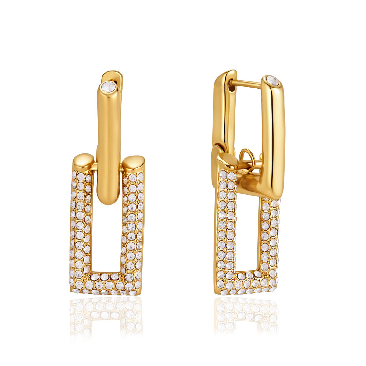Orecchini pendenti da donna semplici, rettangolari, in acciaio inossidabile impermeabile color oro con strass. h5 Immagine5