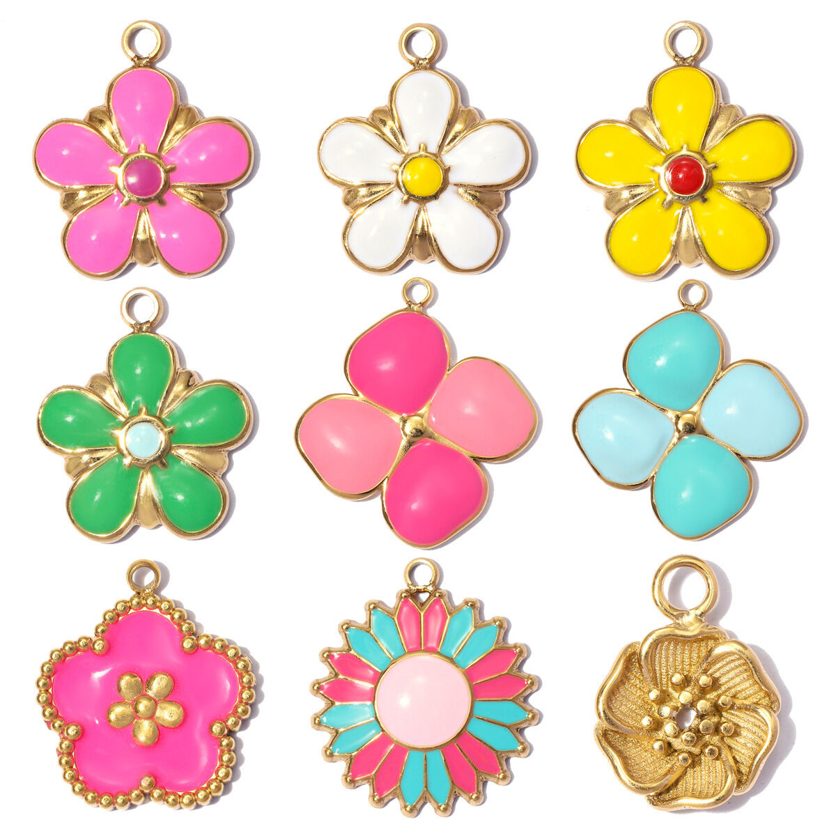 Colgantes de mujer de acero inoxidable color dorado, resistentes al agua, con diseño floral, de la serie romántica, para armar uno mismo. Imagen4