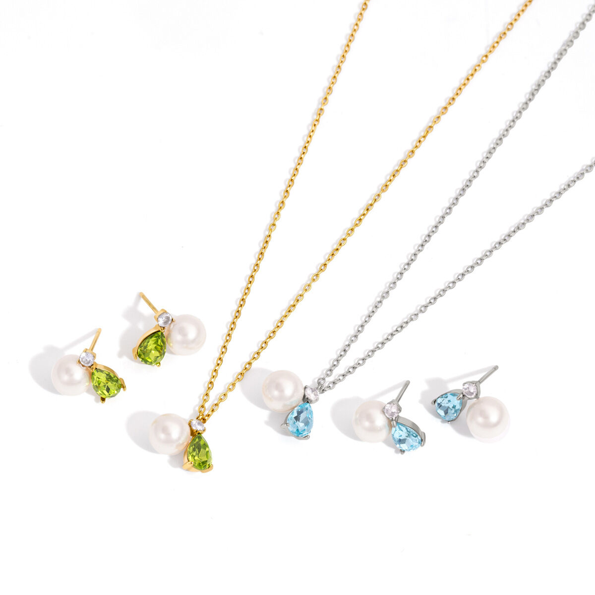 Eleganti set di collane da donna con gocce in acciaio inossidabile impermeabile color oro, perle e zirconi. h5 Immagine4