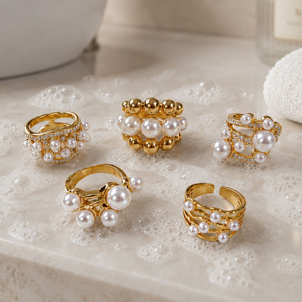 Luxurious Series Daily Irregular Shape Stainless Steel Gold Color Artificial Pearl Women's Gemstone Rings Picture3