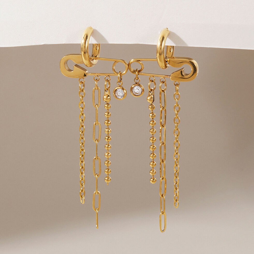 Luxe serie elegante kwastjes, roestvrij staal, waterdicht, goudkleurige zirkonia, hangende oorbellen voor dames