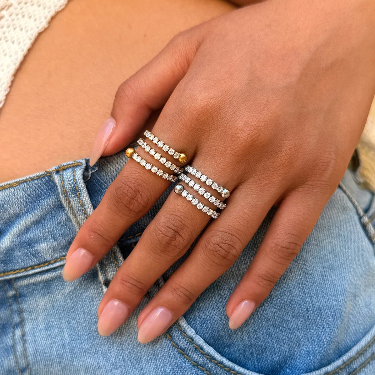 Luxury Simple  Daily Irregular Shape Stainless Steel Waterproof   Gold Color  Zircon Gemstone Ring