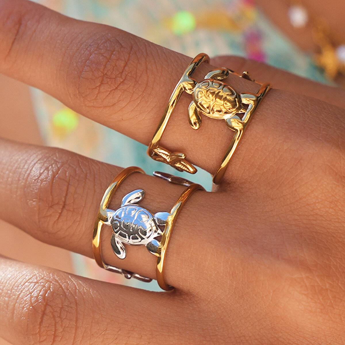 Simple Series Daily turtle Stainless Steel Waterproof   Gold Color  Women's Statement Rings h5 Picture2