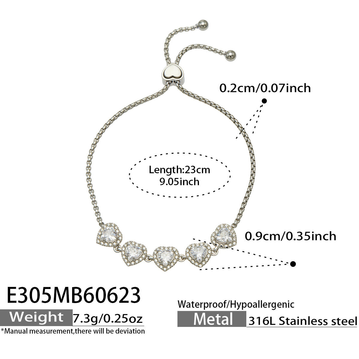 Luxurious Series Sweet Heart Patchwork Stainless Steel Waterproof Zircon Women's Chain Bracelets 