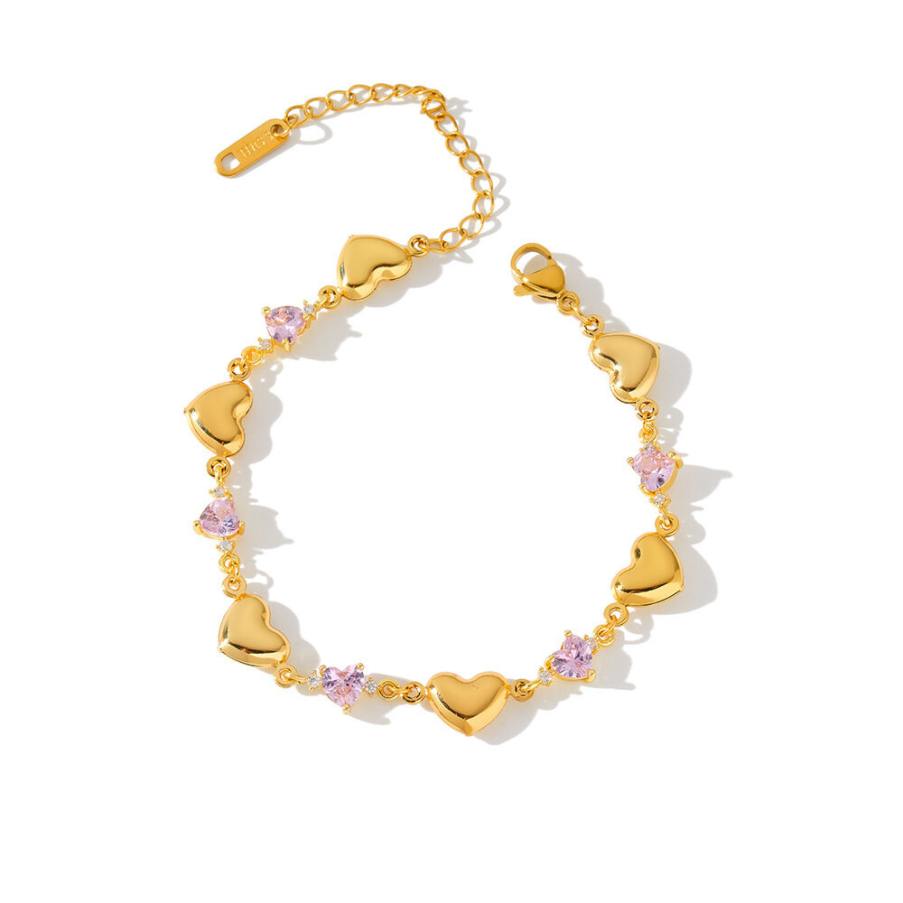 Pulseras de cadena para mujer de acero inoxidable con circonitas doradas, diseño de corazón patchwork y estilo romántico, resistentes al agua. h5 Imagen5