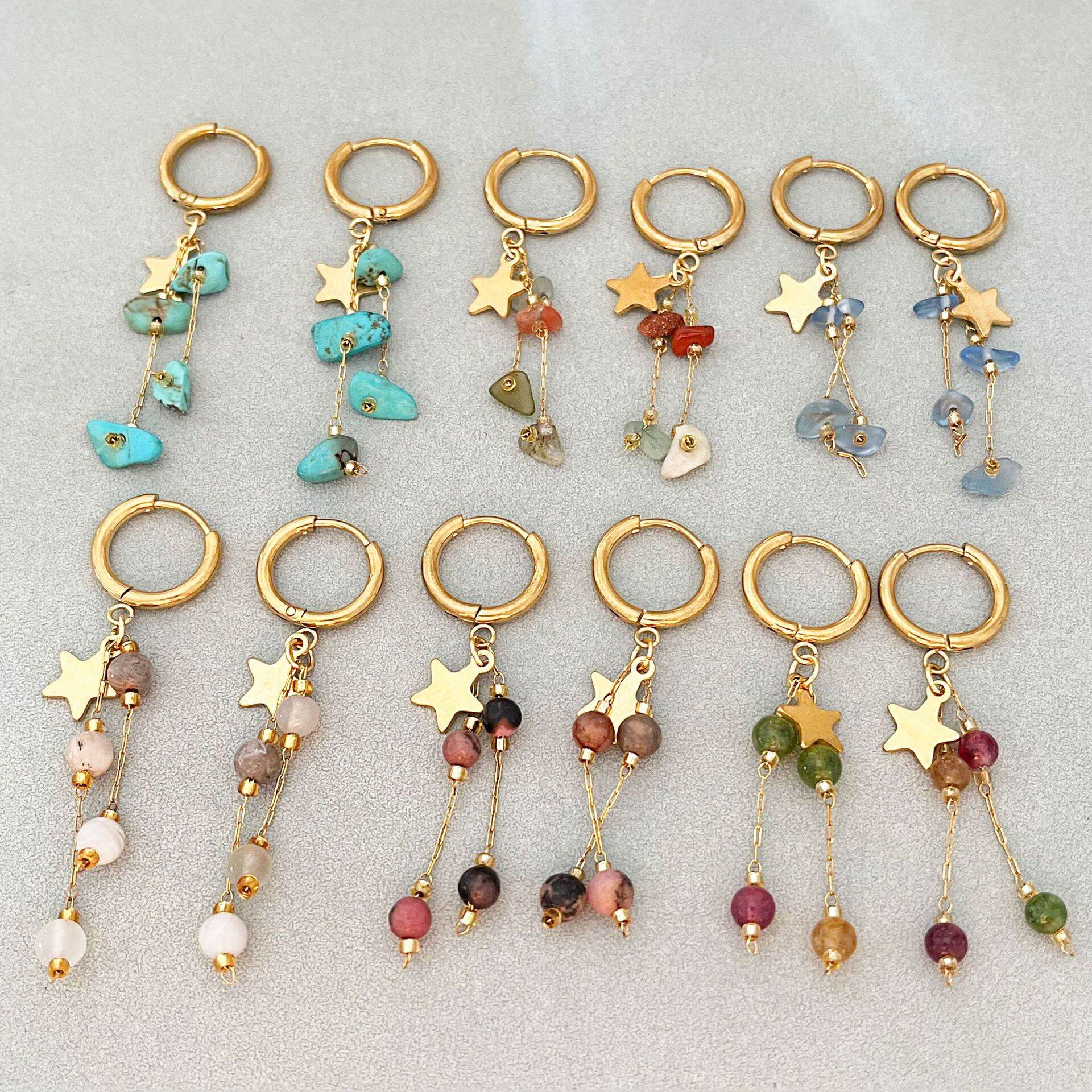 Boucles d'oreilles pendantes pour femme, collection romantique, motif étoile à pompon, en acier inoxydable étanche, couleur or. Image3