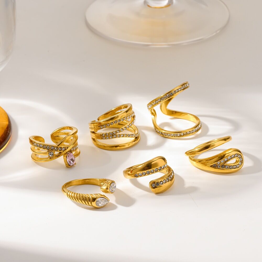 Elegant Geometric Shape Stainless Steel Waterproof Gold Color Rhinestone Gemstone Rings