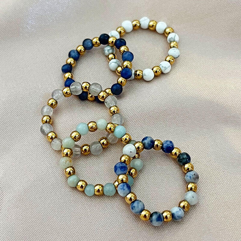 Beads Natural Stones Stainless Steel Waterproof Gold Color Beaded Rings Picture2