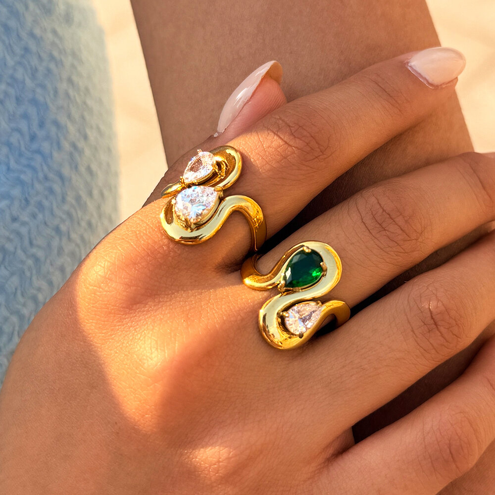Luxury Daily Irregular Shape Stainless Steel Waterproof Gold Color Zircon Gemstone Ring Picture3