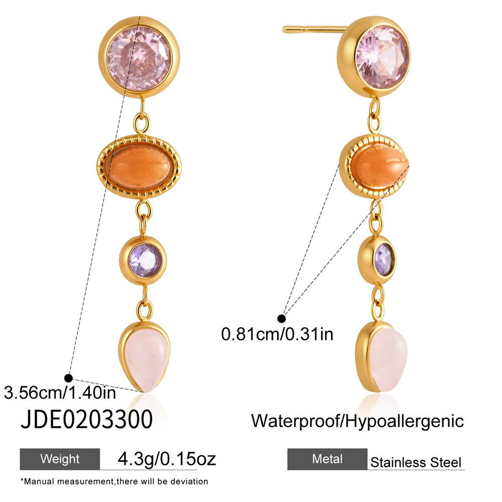 Pendientes colgantes retro de mujer con borla, acero inoxidable, impermeables, color dorado y circonita natural.