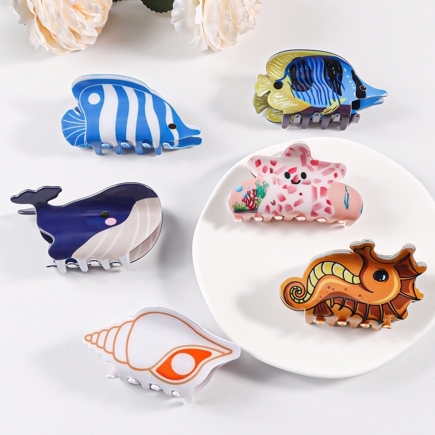 Simple Series Natural Cartoon Oceanic Style Mixed Color Shell Fish Starfish Acetate Hair Claws Picture2