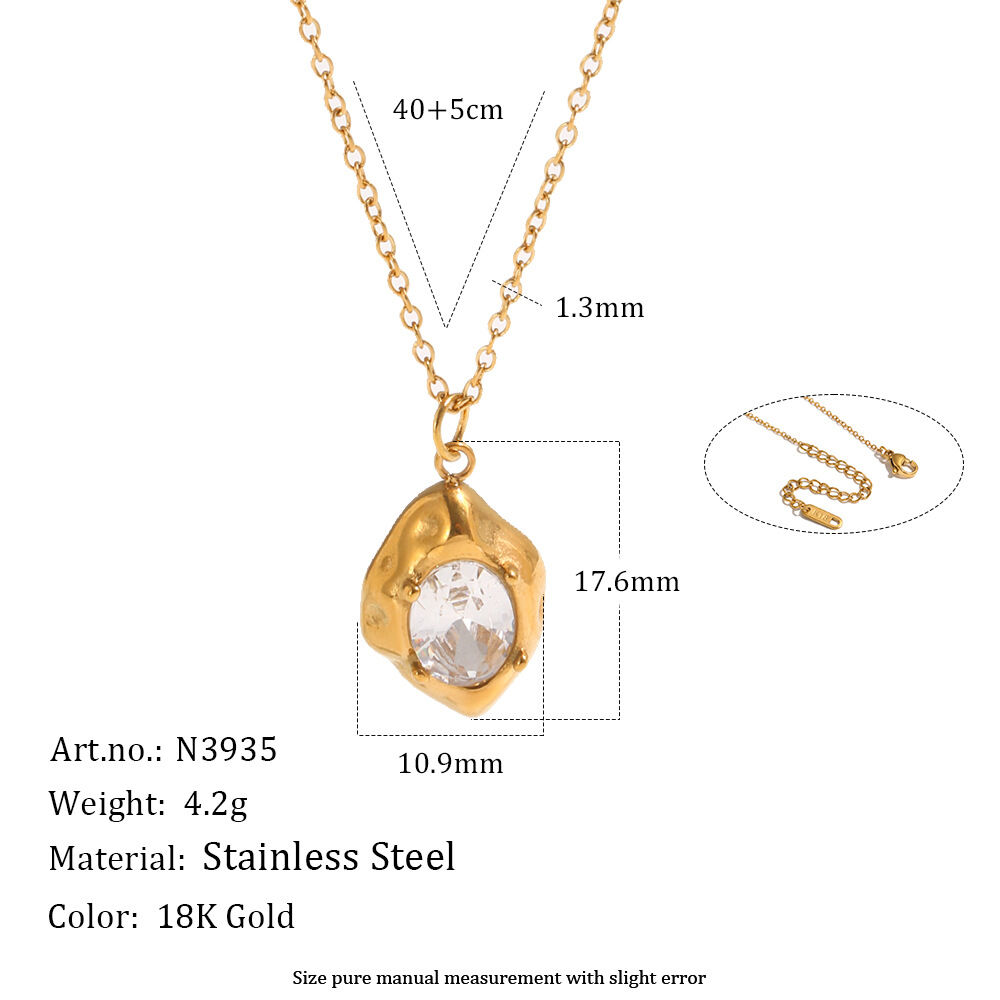 Retro Hammer Pattern Geometric Shape Stainless Steel Waterproof Gold Color Zircon Women's Necklaces Sets