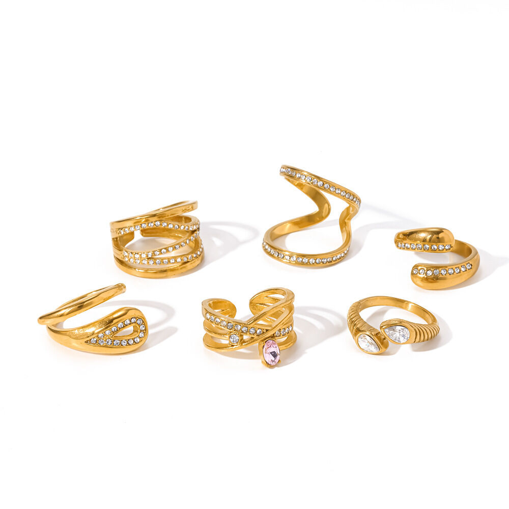Elegant Geometric Shape Stainless Steel Waterproof Gold Color Rhinestone Gemstone Rings Picture4