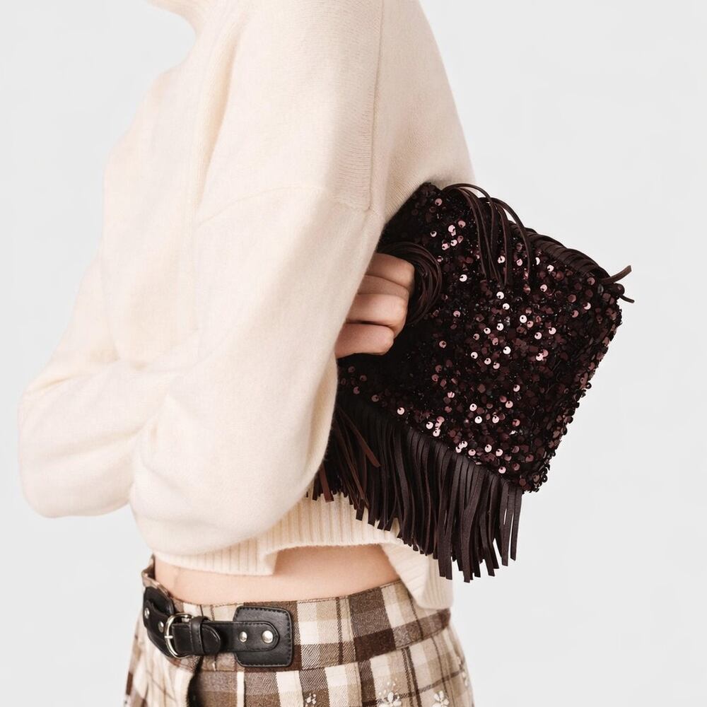 Evening Style Tassel Sequin Solid Color Tassel Premium Quality Pu Women's Square Bag h5Picture2