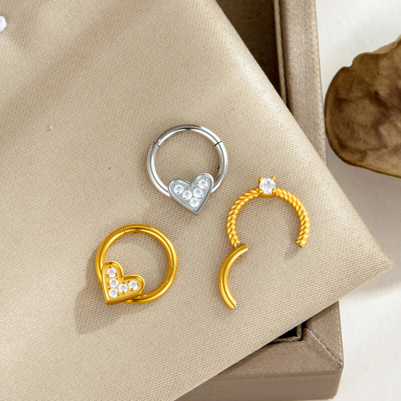 Piercing de nariz sencillo con forma de corazón de flor, de acero inoxidable, resistente al agua, color dorado y circonita, para mujer. Imagen3