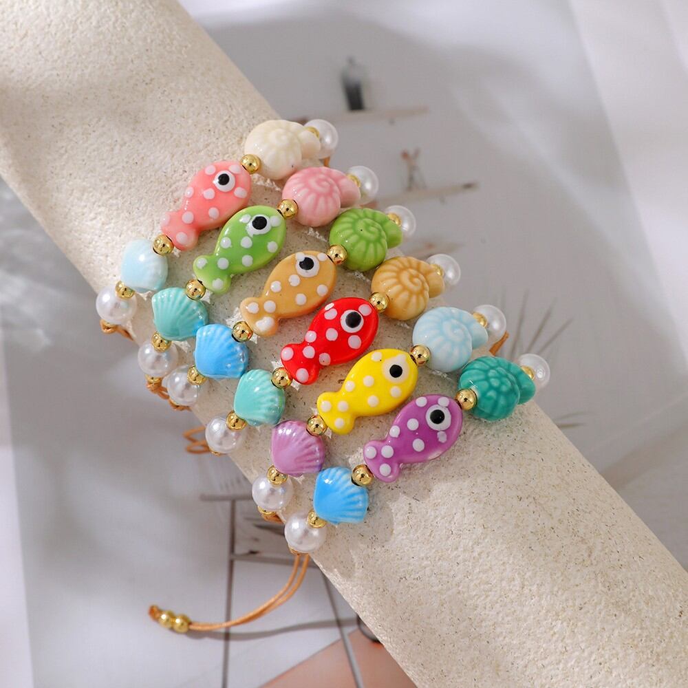 Bracelets pour femmes en corde tressée ornée de coquillages, style océanique mignon, avec perles. Image2