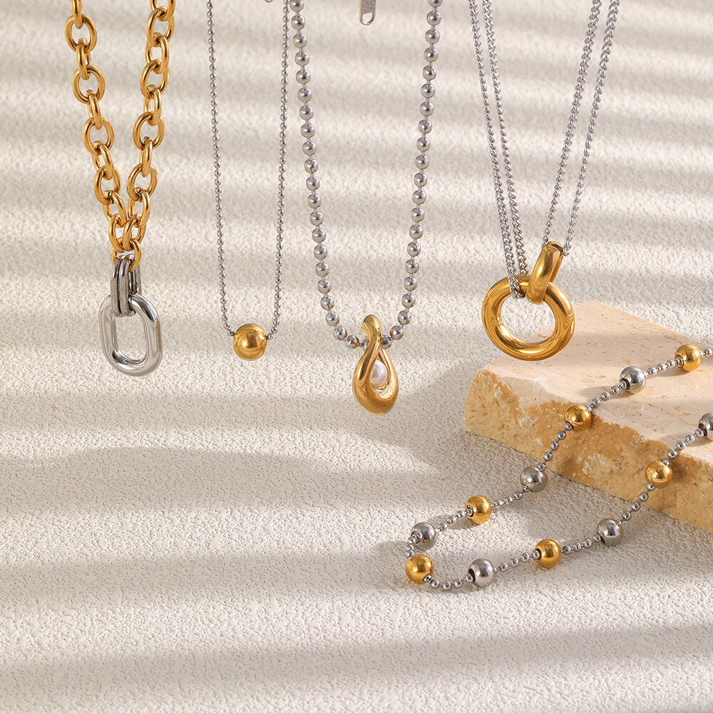 Cadena Sencilla Diy, Colores Dorado Y Plateado Combinados, Acero Inoxidable, Resistente Al Agua, Collares De Cuentas Dorados Para Mujer. h5Imagen3