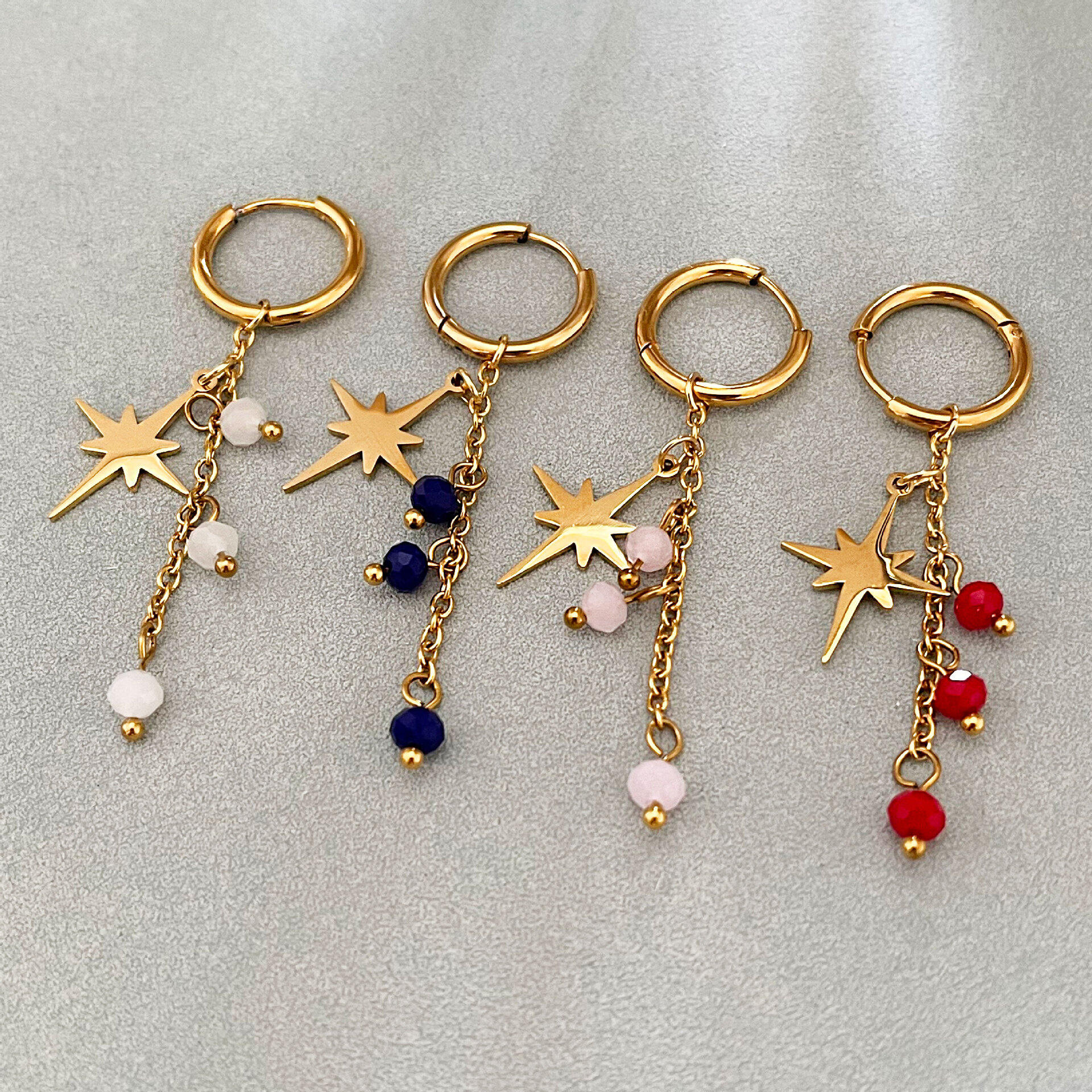 Boucles d'oreilles pendantes pour femmes, modèle Sweet Tassel Star, en acier inoxydable, étanches, couleur or, de la collection Simple Series. Image2