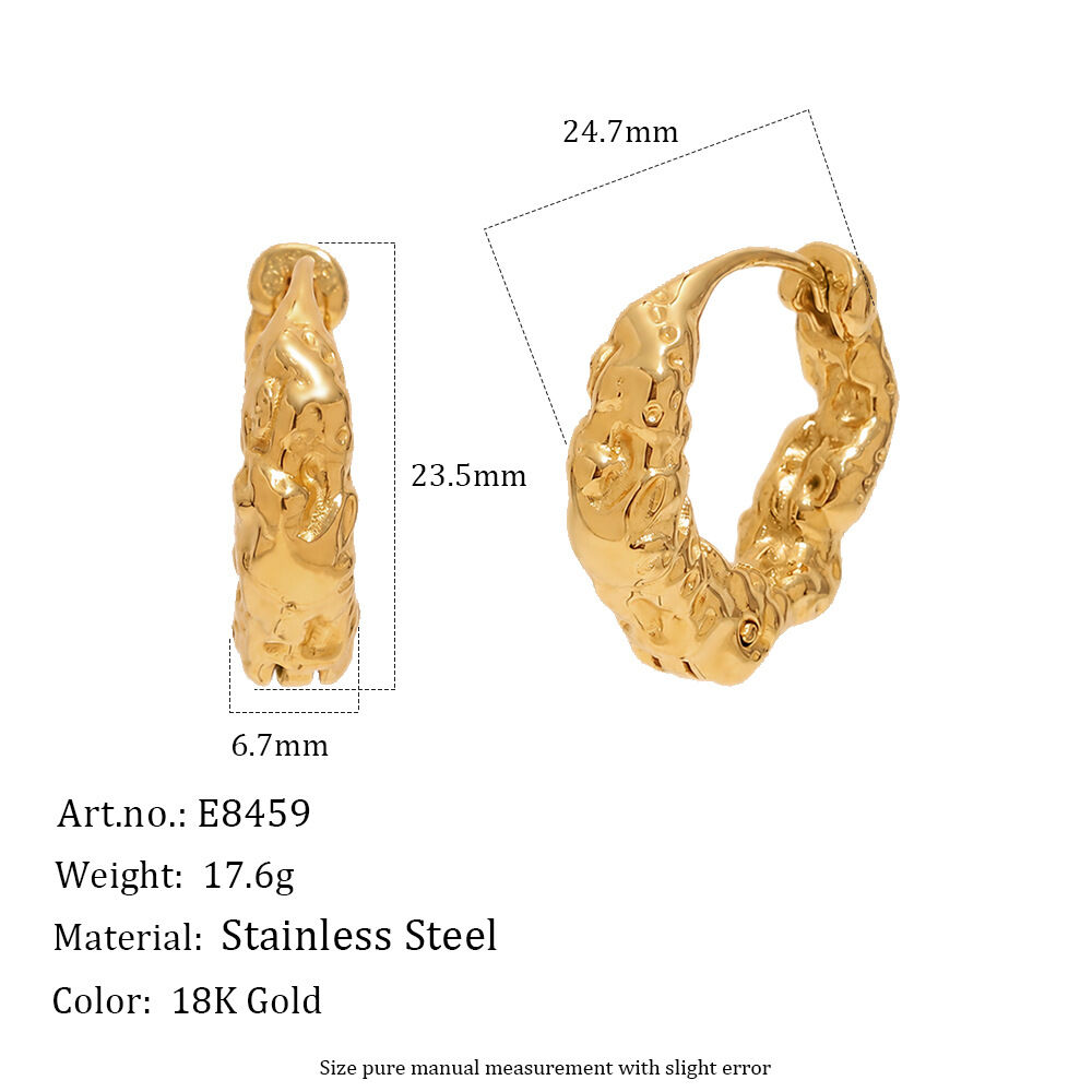 Orecchini a cerchio da donna in acciaio inossidabile color oro, impermeabili, con motivo martellato. h5 