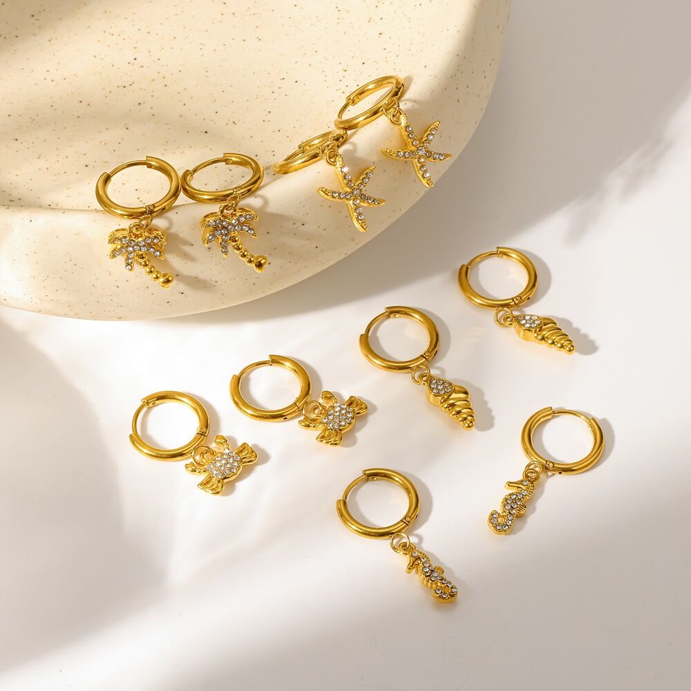 Oceanic Stainless Steel Waterproof Gold Color Rhinestone Women's Drop Earrings