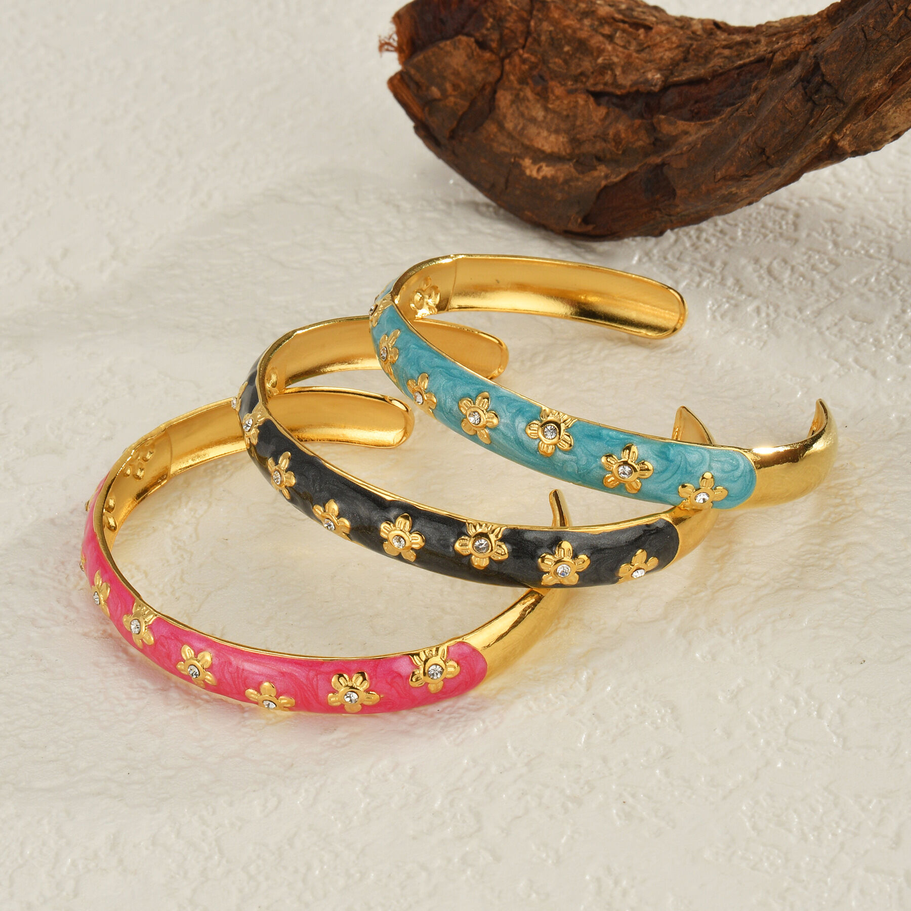 Classic Series Retro Enamel Flower Stainless Steel Waterproof Women's Cuff Bracelets