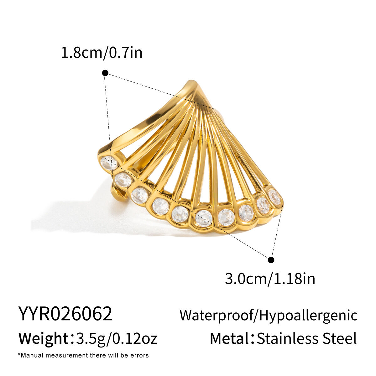 Fan-shaped hollowing Out Stainless Steel Waterproof Gold Color Statement Rings 