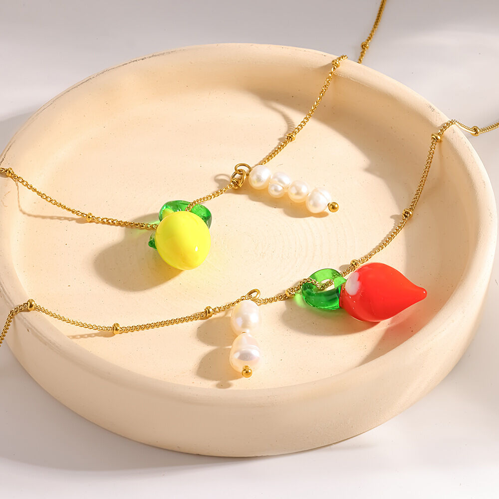 Glaze Fruit Stainless Steel Waterproof  Gold Color Pearl Women's Pendant Necklaces h5 Picture3