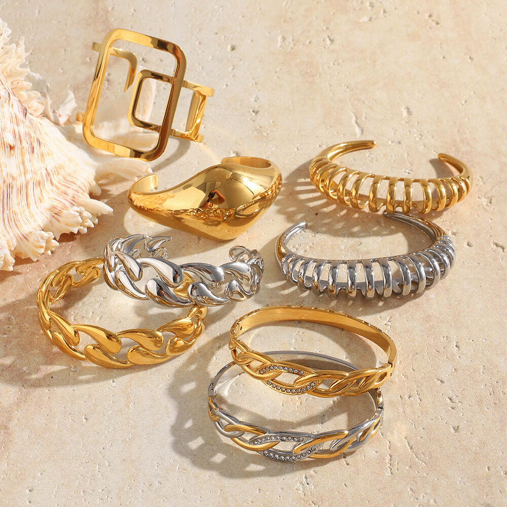 Luxurious Series Daily Flower Irregular Shape Stainless Steel Waterproof   Gold Color  Women's Bangles