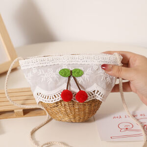 Lässige, bestickte, gewebte Schleife, Kirschrot, gewebtes Raffia, trapezförmige Damentasche h5