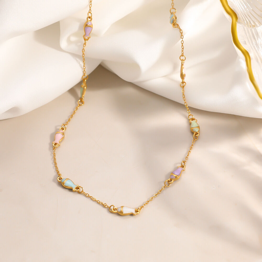 Halsketten-Sets für Damen im Ozean-Stil aus emailliertem Fischmotiv, Edelstahl, wasserdicht, goldfarben h5Bild3