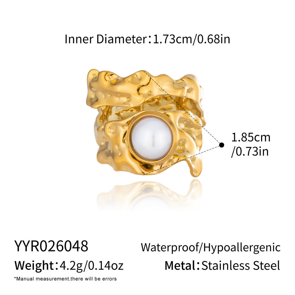 Irregular Shape Stainless Steel Waterproof Gold Color Artificial Pearl Statement Rings