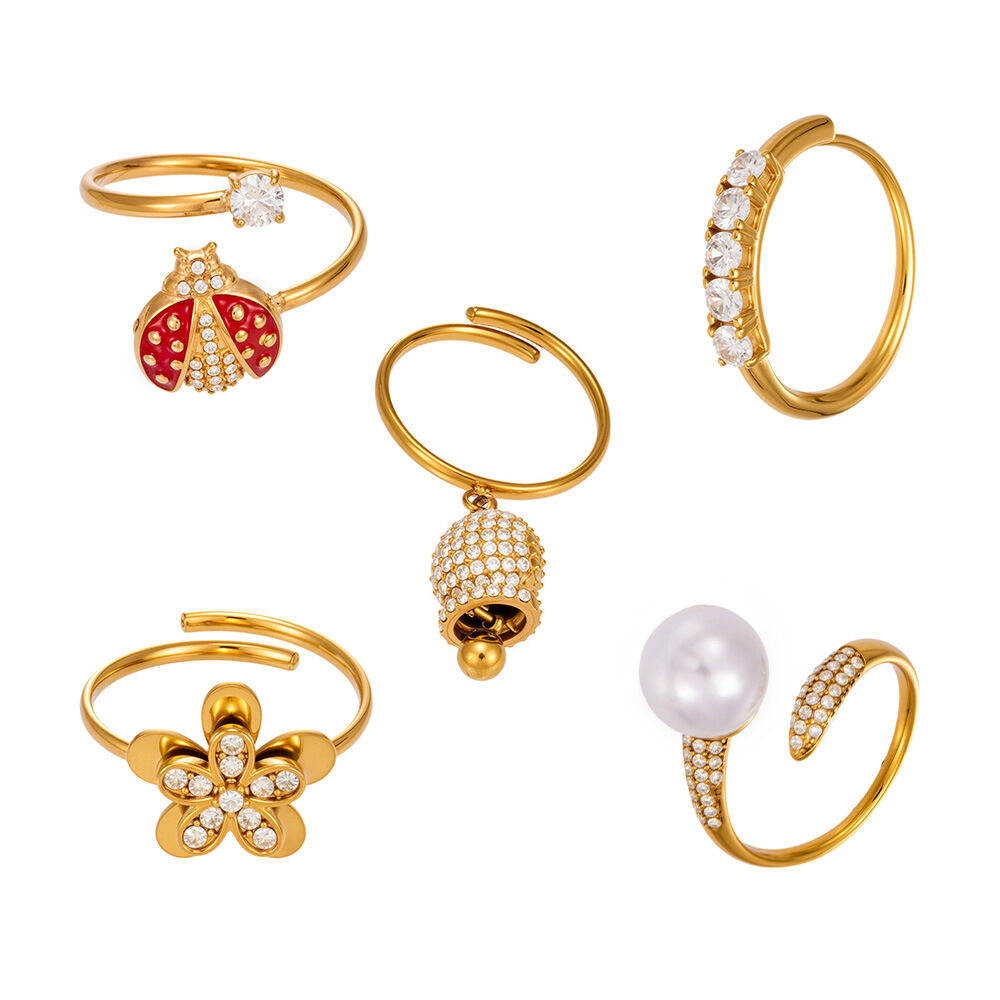 Anillos llamativos de acero inoxidable con circonitas, forma irregular y forma de flor dulce, resistentes al agua y de color dorado, de la serie Luxurious. Imagen4
