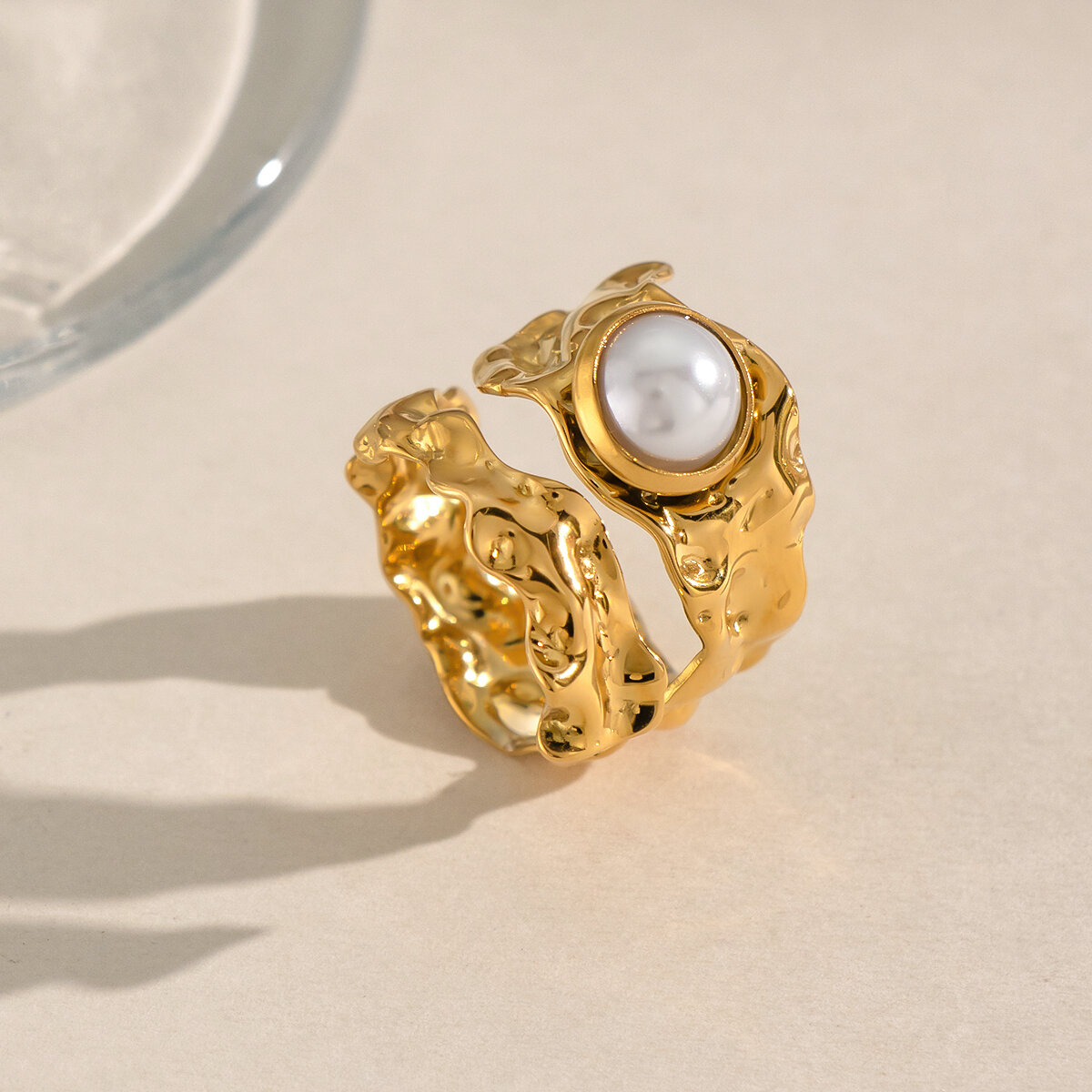 Irregular Shape Stainless Steel Waterproof Gold Color Artificial Pearl Statement Rings h5 Picture4