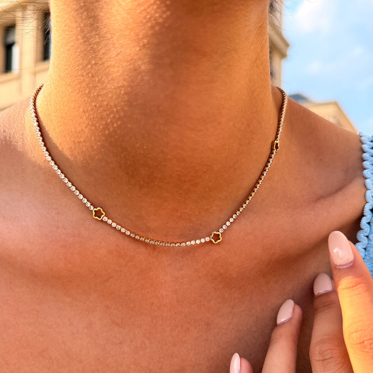 Simple Series Daily Flower Stainless Steel Waterproof   Gold Color  Zircon Women's Chain Necklaces 2