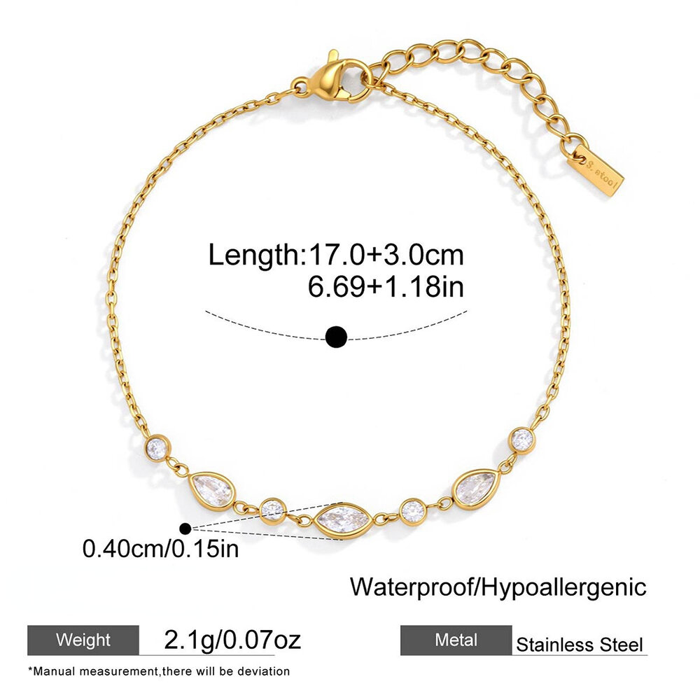 Bracciale da donna a catena in acciaio inossidabile color oro, impermeabile, con zirconi e forma geometrica semplice.