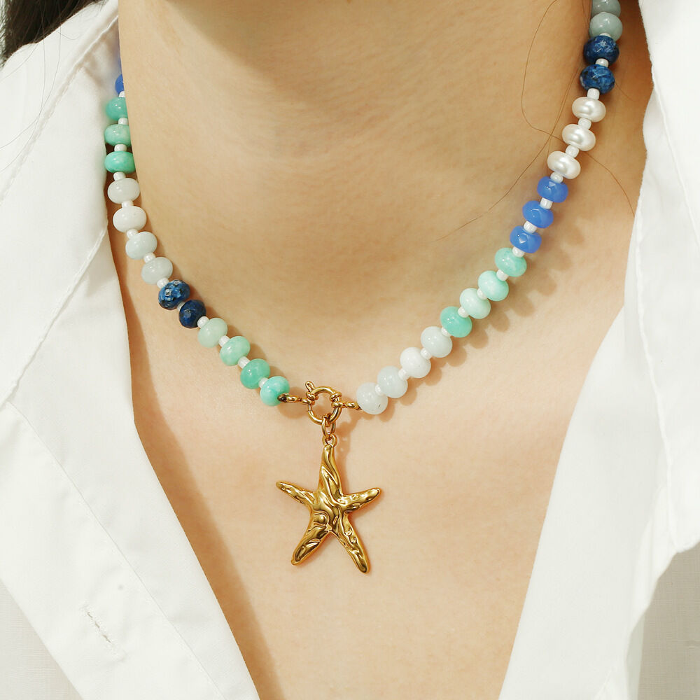 Perlenkette für Damen im maritimen Stil mit Seesternen aus Natursteinen h5 Bild4