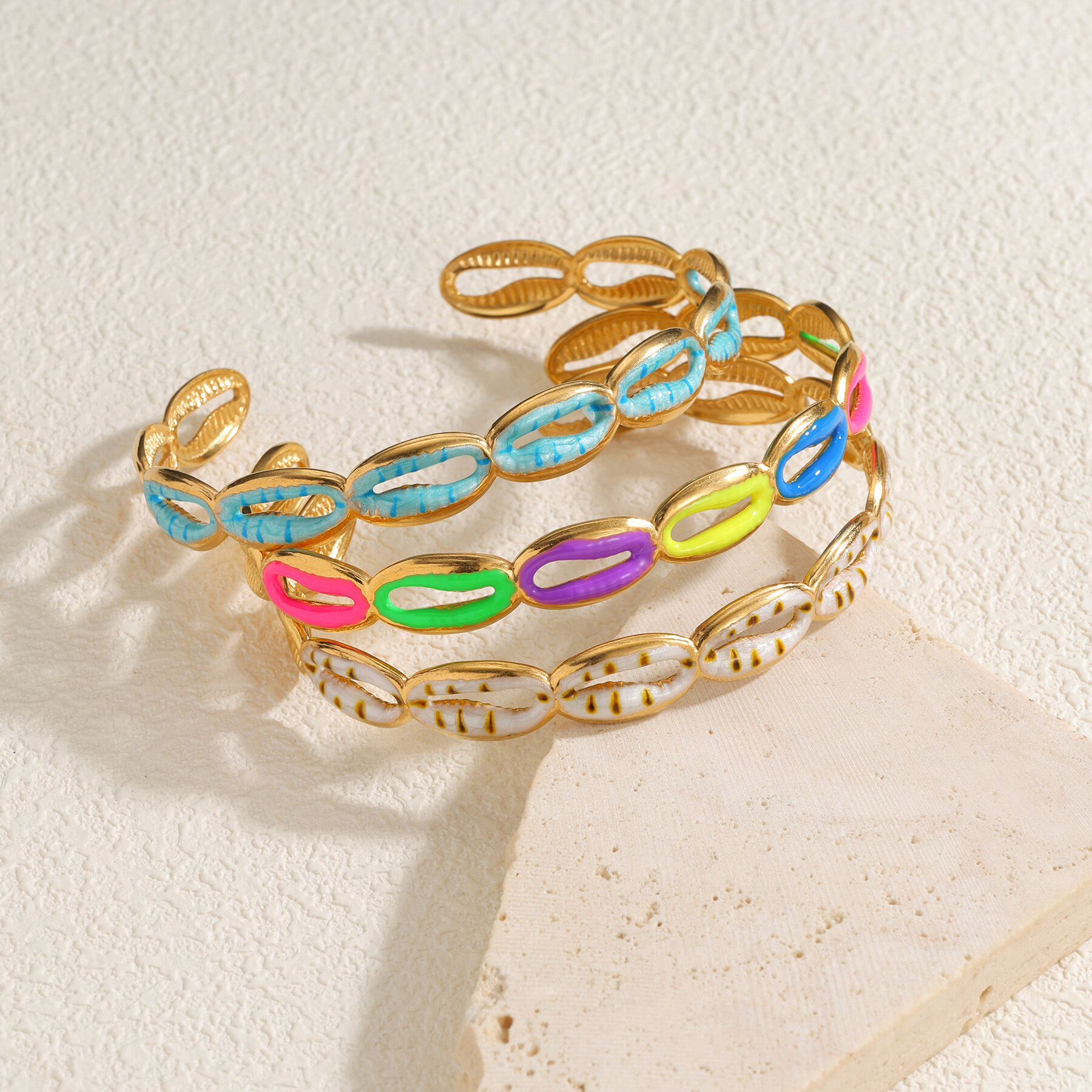 Vacation Oceanic Style Enamel Shell Stainless Steel Waterproof Gold Color Women's Cuff Bracelets