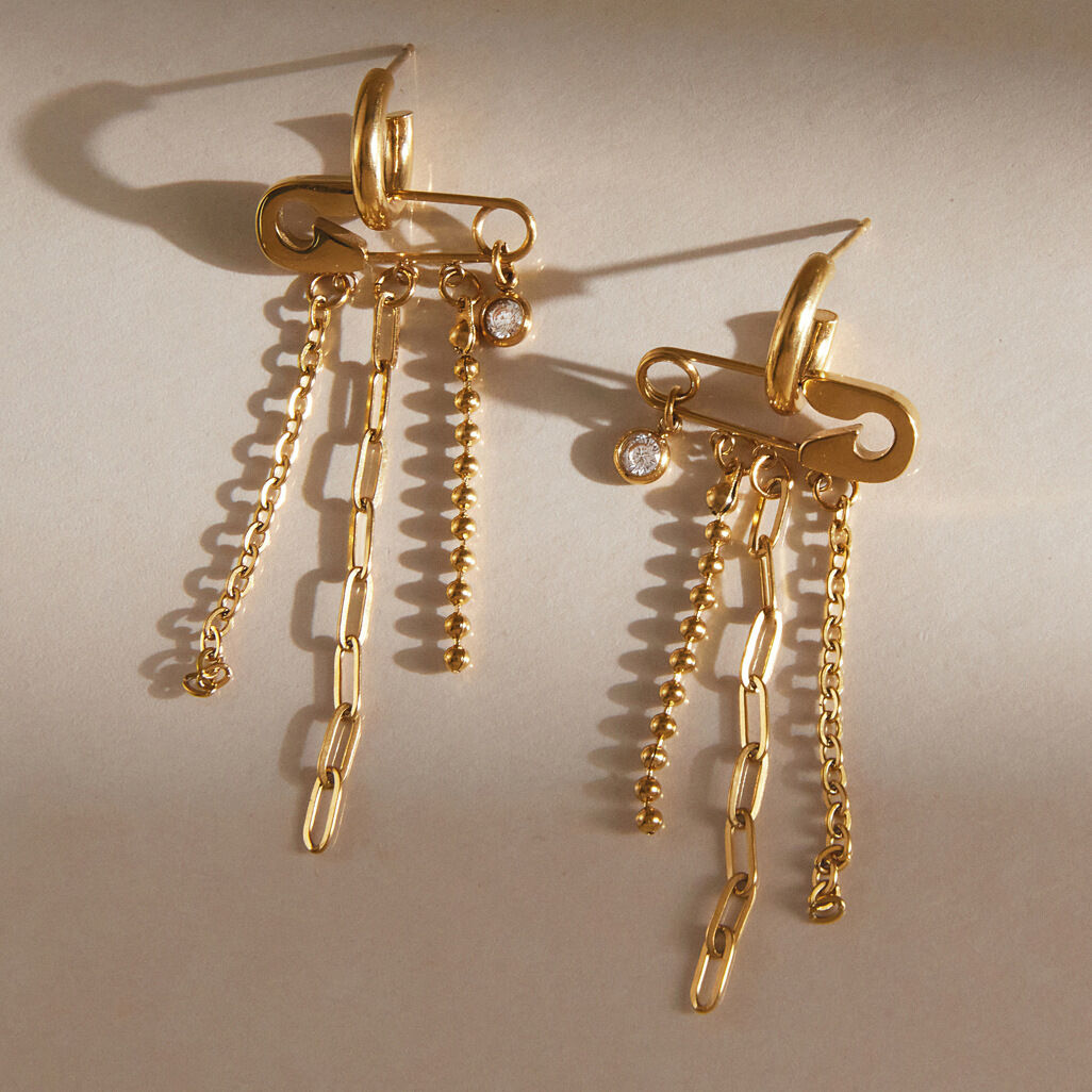 Luxe serie elegante kwastjes, roestvrij staal, waterdicht, goudkleurige zirkonia, hangende oorbellen voor dames h5 Afbeelding3