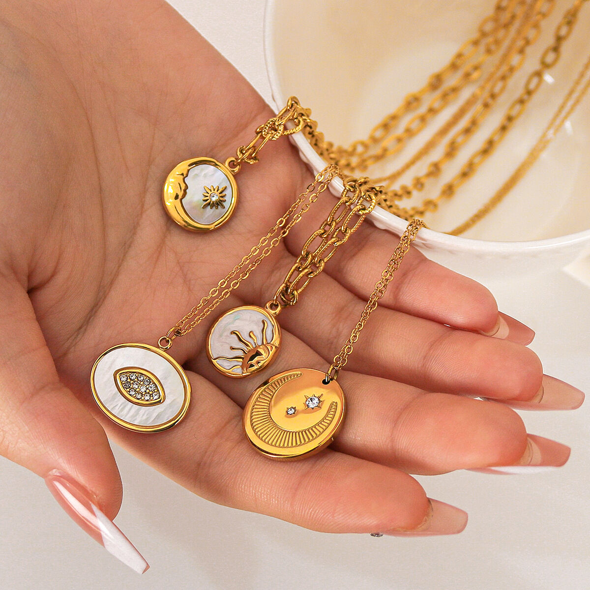 Classic Series Simple Sun Moon Stainless Steel Waterproof   Gold Color  Women's Pendant Necklaces Picture4