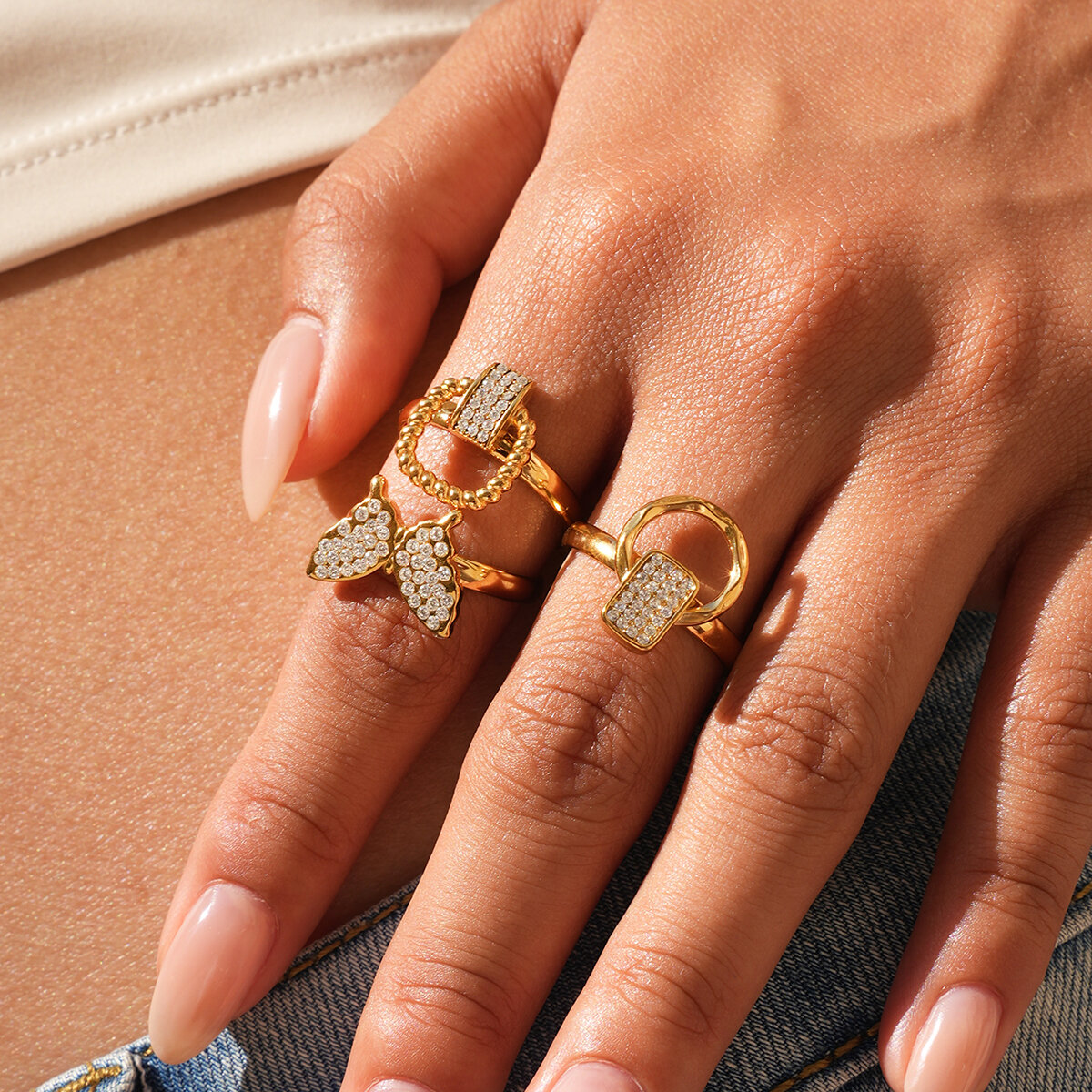 Simple Series Daily Butterfly Lock Stainless Steel Waterproof   Gold Color Women's Statement Rings h5 Picture5