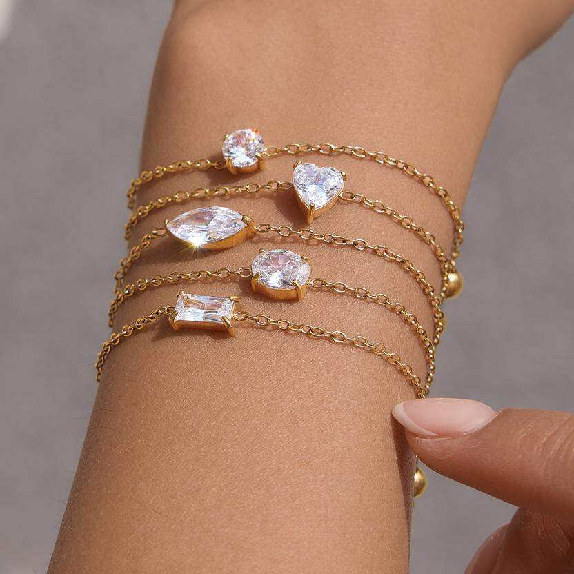 Simple Stainless Steel Waterproof Gold Color Zircon Women's Charm Bracelets