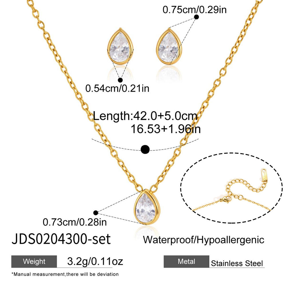 Conjunto de collares sencillos de acero inoxidable con circonitas color oro, resistentes al agua y con diseño de gota para mujer.