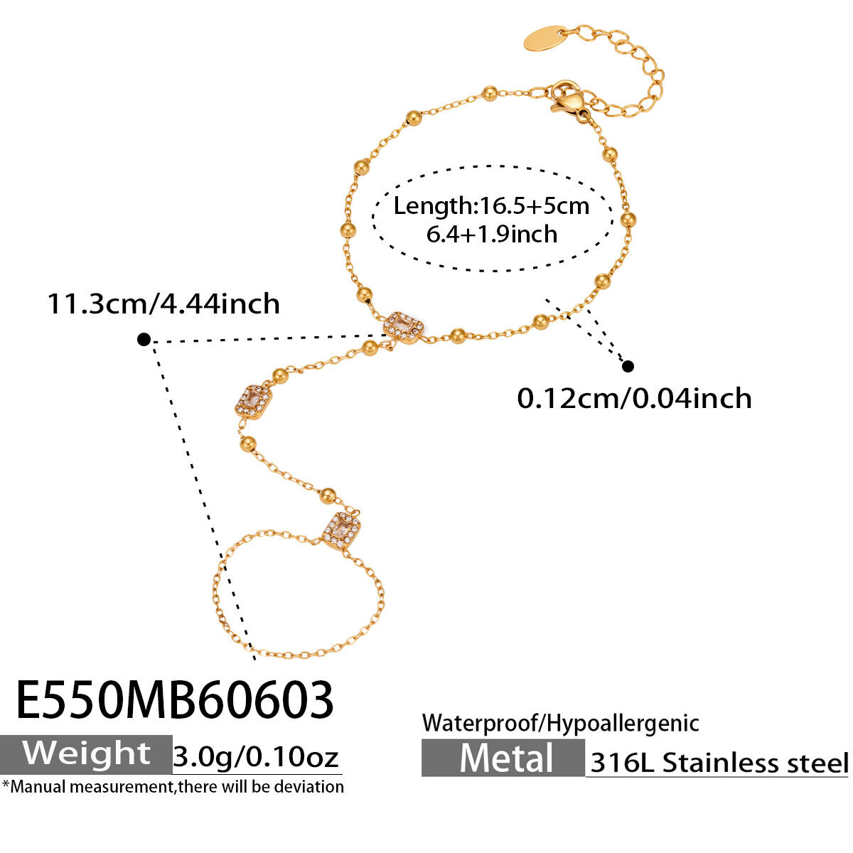 Luxurious  Irregular Shape Chain Rectangle Stainless Steel Waterproof  Gold Color  Zircon Women's Hand Chain 