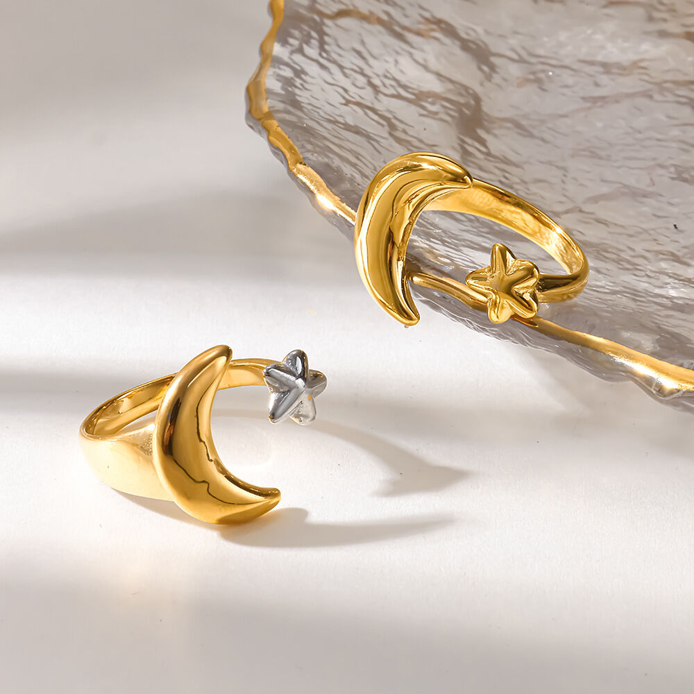 Simple  Sense of Luxury Daily Star Moon Stainless Steel Waterproof Gold Color  Statement Rings h5 Picture4