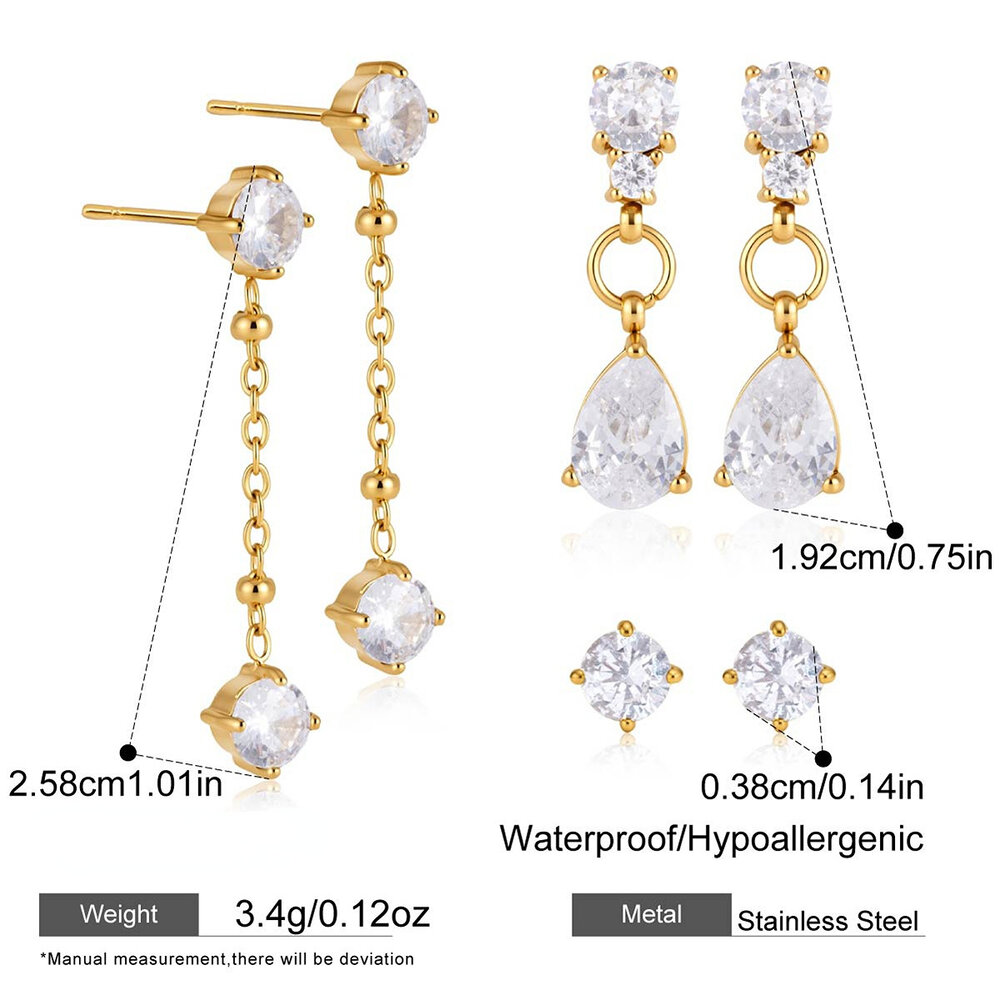 Simple Series Tassel Circle Stainless Steel Waterproof Gold Color Zircon Women's Earring Sets