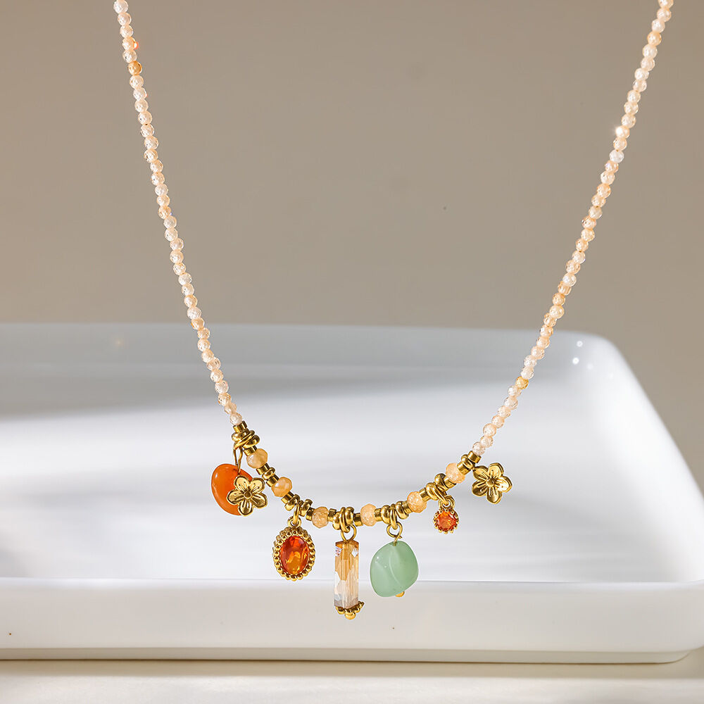 Romantic Series Daily Geometric Shape Stainless Steel Waterproof   Gold Color  Zircon Women's Beaded Necklace