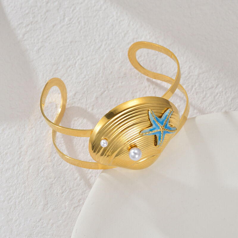 Vacation Oceanic Style Enamel Stainless Steel Waterproof Gold Color Women's Cuff Bracelets h5 Picture2